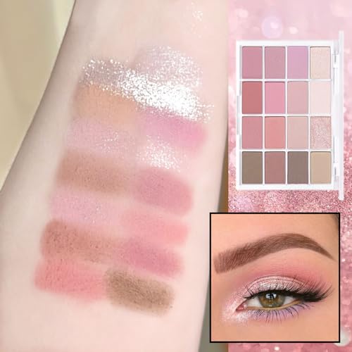 Pink Eyeshadow Palette Make-Up Palettes, 16 Color Pink Brown Eye Shadow Pallets for Women, Matte Shimmering Glitter Eyeshadows Nude Natural Waterproof Long Lasting Highly Pigmented - Image 5