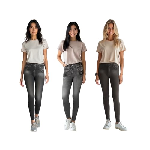 ShopINess Lot de 3 Jeggings Leggings pour Femme Style Jean Couleurs Mixtes Gris et Noir avec Doublure Polaire Intérieure (L-XL, 2 Noir+1 Gris)