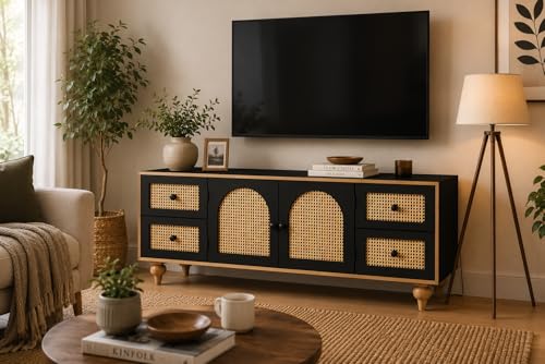 Image of Premium Solid Wood, 10 Minutes Assembly (Legs Only), Aesthetic Rattan Doors, Mid Century Entertainment Center for Living Room, TV Stand for 65 inch TV, Dark Chocolate (Black)