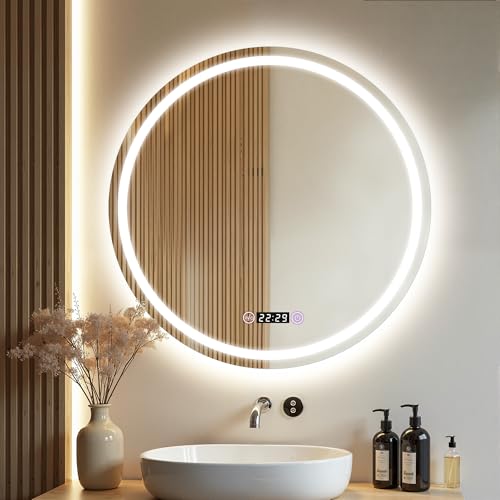 ミルオ君の鏡工房 LED浴室ミラー ウォールミラー 化粧鏡 壁掛け 照明付き ドレッサー 洗面所 洗面台 省エネ 明るさ調整 曇り防止機能 照明付き 防水加工 飛散防止 丸型 (内蔵LED, 60×60cm)