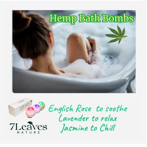 7Leaves Nature Hemp Bath Bombs For Women. 3-Pack Fizzy Bath Bomb Gift Set With English Rose, Lavender And Jasmine Essential Oils, Gift For Women Mother Christmas Birthday, 6Oz Each #TOP1