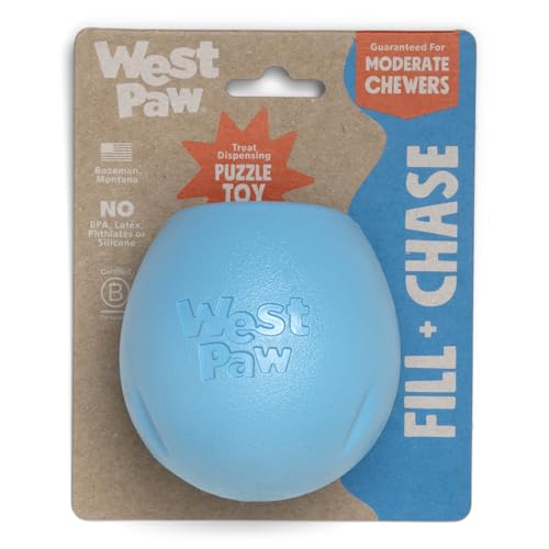 WEST PAW Zogoflex Rumbl Treat-Dispensing Dog Toy – Interactive Slow-Feeder Chew Toys for Dogs – Dog Enrichment Toy – Dog Toy for Moderate Chewers, Fetch, Catch – Holds Kibble Treats (Aqua Blue, Small)