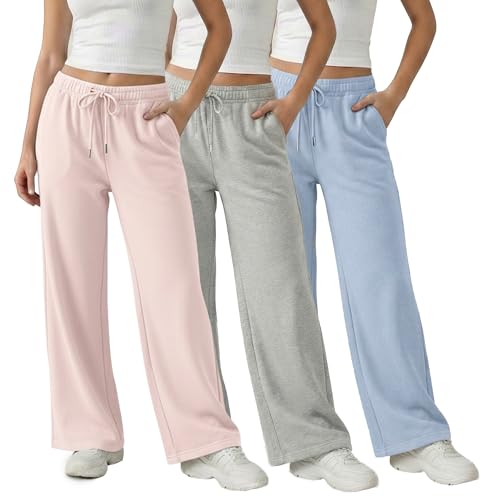 Common Stitch 3 Pack Wide Leg Fleece Lounge Sweatpants for Women Deep Pockets Relaxed Fit Elastic Drawstring Waist
