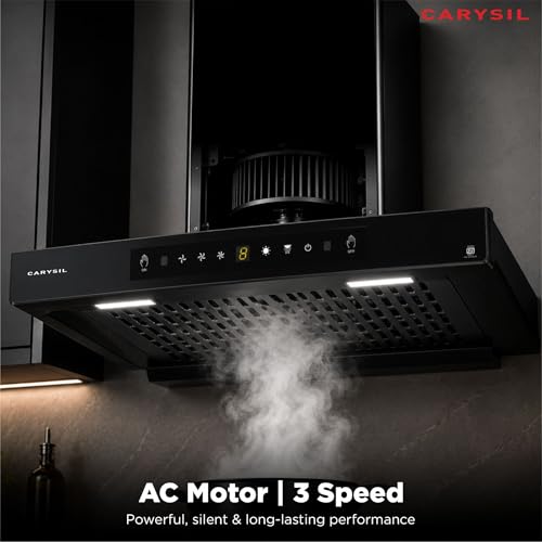 Image of Carysil AeroSync 60 cm Kitchen Chimney, T- Shape, 1500 m /hr Suction, Auto-Clean Filterless, 3-Speed Touch & Gesture Control, LED Lamp, 10-Year Warranty - Black