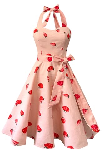 Topdress Womens Vintage Polka Audrey Dress 1950s Halter Retro Cocktail Dress Strawberry M