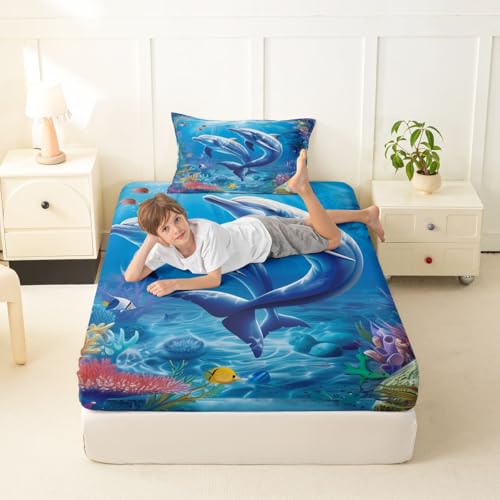 Image of jejeloiu Dolphin Bed Sheets Set Twin Size Cute Ocean Animal Bed Set Jumping Dolphins Deep Pocket Fitted Sheet Blue Ocean Marine Themed Breathable Soft Lightweight Microfiber