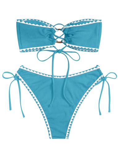 Image of ZAFUL Women's Bandeau Bikini O Ring Strapless Tie Back High Cut Two Piece Swimsuit Bathing Suits