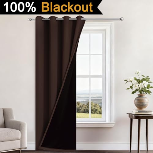 Image of Yakamok Chocolate Brown Blackout Curtains 84 Inches Long 52 inch Wide, 1 Panel | Blackout Curtain Panels for Bedroom, 2 Thick Layers Grommet Top Thermal Insulated Drapes with Black Liner for Living Room