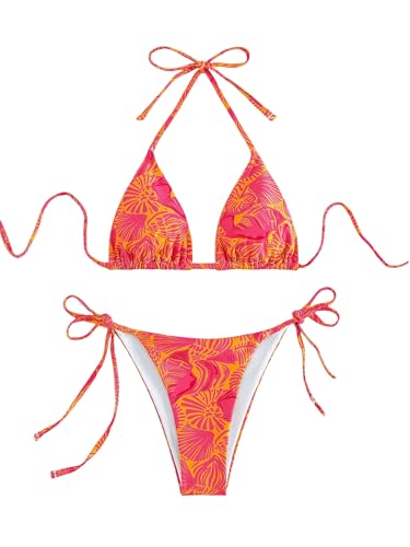 Image of ZAFUL Womens Printed Triangle Bikinis 2 Piece Halter Bikini Sets High Cut Bathing Suit Side Tie Swimsuits