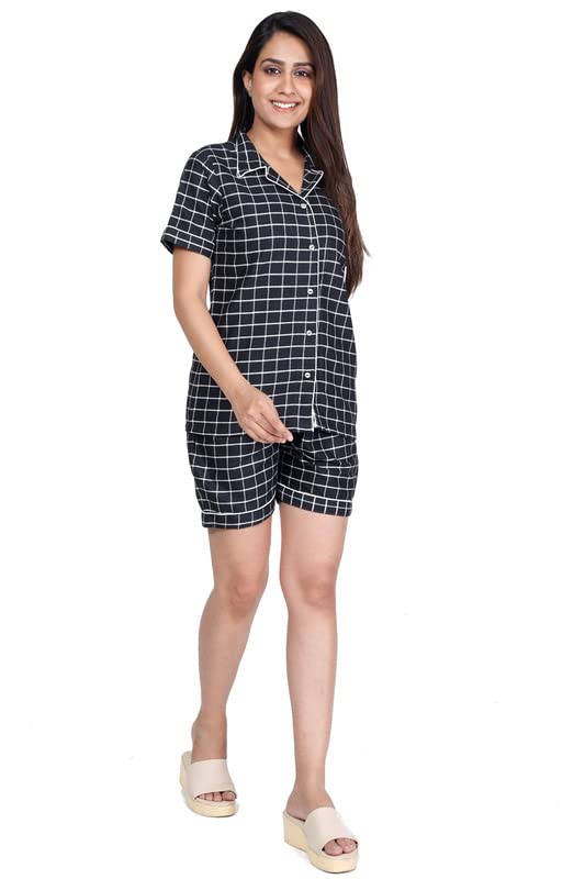 KRISHANG Sleep Comfort Cotton Shirt and Short Payjama Set for Girls | Night Suit Set| Sleep Wear Dress | Cotton Night Suit | Short Length Payjama Set for Women and Girls_NGT-SHRT-BLK