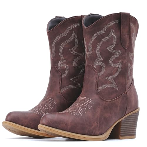 Image of IXU Cowboy Boots for Women Wide Suede Ankle Western Cowgirl Boots Mid Calf Pointed Toe Short Chunky Classic Booties