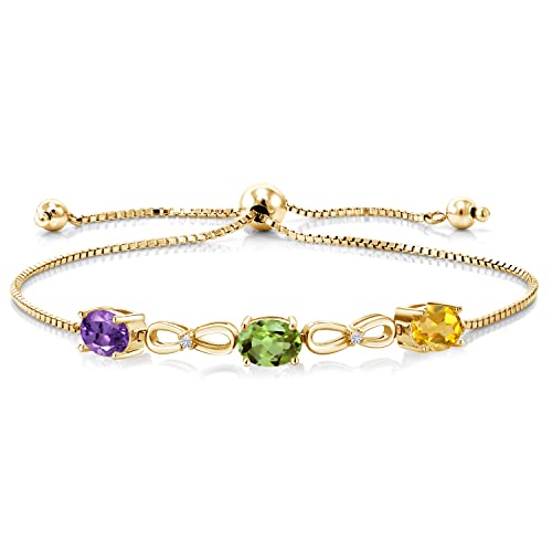 18K Yellow Gold Plated Silver Customized and Personalized 3 Gemstone Birthstone and White Lab Grown Diamond Tennis Infinity Bracelet For Women (2.27 Cttw, Oval 7X5MM, Fully Adjustable Up to 9 Inch)