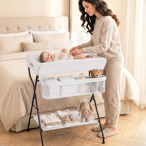 Image of INFANS Baby Changing Table, Folding Diaper Station Portable Nursery Organizer with Safety Belt and Large Storage Racks for Newborn Baby and Infant (White)