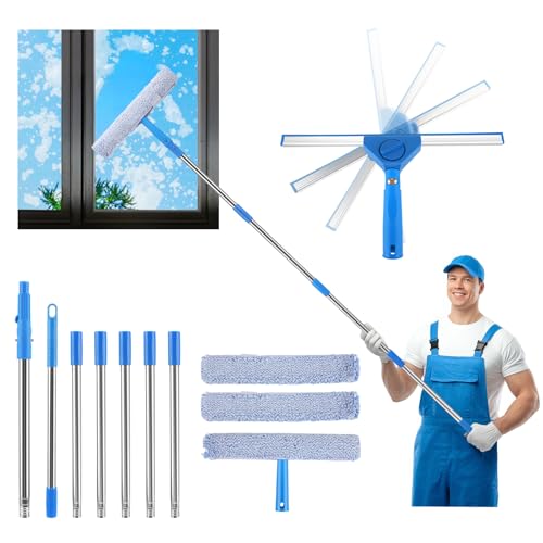 Limpiador de Cristales Profesional con 300cm Mango Extensible, Kit de Limpieza de Ventanas con Escobilla de Silicona y Paños de Microfibra, para Ventanas Altas Ducha Vidrio Automóvil