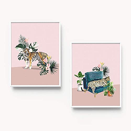 Vlolife Jungle Tiger And Cheetah Print Pink Animal Leopard Posters And Prints Tropical Botanical Pictures For Living Room Decor 2 Pieces No Frame 16X24Inchx2 Unframed #TOP4