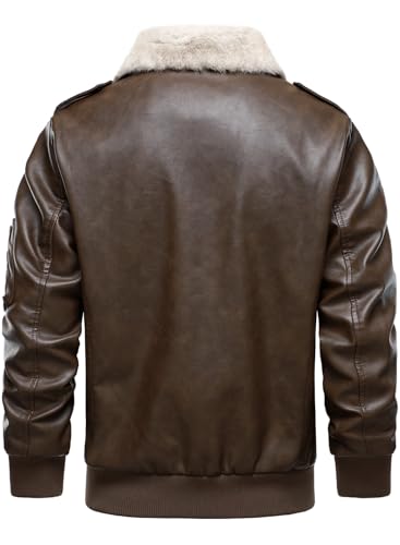 HOOD CREW Men’s Faux Leather Aviator Bomber Jacket with Fur Collar Warm Fleece Lined Biker Jackets Vintage Winter Coats3