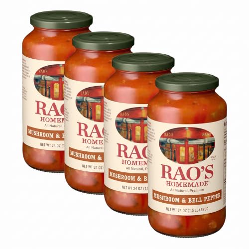 Rao's Homemade Mushroom and Bell Pepper Sauce, 24 oz, Tomato Sauce, All Purpose, Keto Friendly Pasta Sauce, Premium Quality Tomatoes from Italy, Mushrooms, and Bell Peppers (Pack of 4)