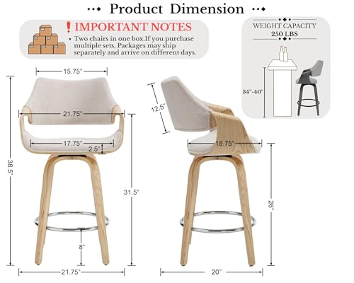 Image of 26'' Modern Barrel Swivel Counter Stools Counter Height Swivel Bar Stools with Backs Set of 4, Beige Chenille Upholstered Bar Height stools, Farmhouse Solid Wood Barstools for Kitchen Island, Home Bar