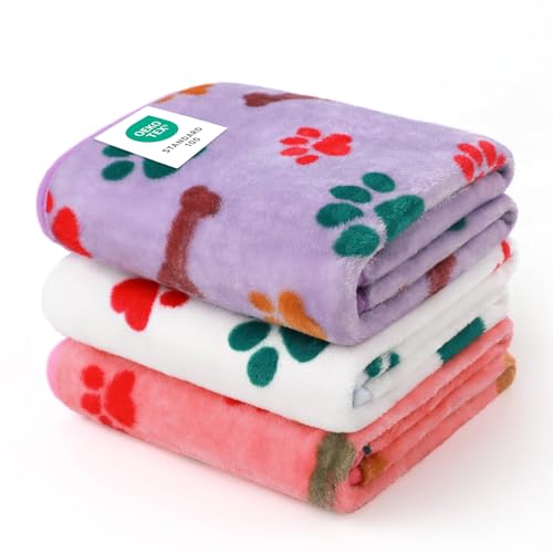 Image of 1 Pack 3 Blankets Fluffy Premium Fleece Pet Blanket Flannel Paw Bone Printed Throw for Dog Cat(Medium 30x20'', Purple / Pink / White)