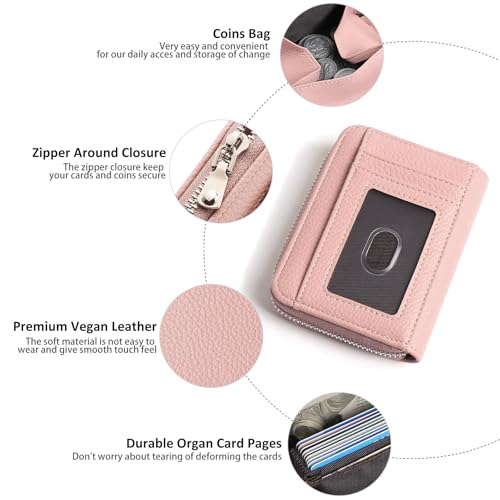 Image of GOIACII Womens Credit Card Holder Wallet Zip RFID Blocking Card Case Wallets Compact Size with ID Window Pink