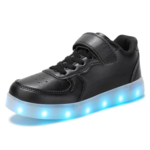 PADGENE Chaussures Enfants Garçon Fille Basket LED Lumineuse 7 Couleurs Clignotants USB Rechargeable Securité Mode, Noir Boucle, 30 EU