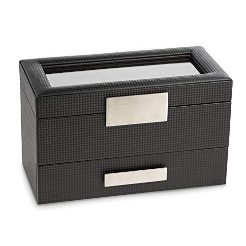 Glenor Co Valet Jewelry Watch Box For Men -Modern Carbon Fiber Texture Organizer With Glass Top, Drawer & Tray - Holder For Watches, Cufflinks, Sunglasses, Tie Clips & Accessories - Small Case - Black #TOP2