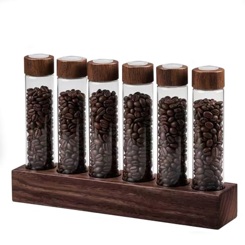 L7HWDP 6 Pack 2 OZ Coffee Bean Cellar Tubes, Single Dose Coffee Beans Storage with One-Way Exhaust Valve, Walnut Solid Wood Base, Dosing Vials with Wooden Stand Hopper for Coffee Lover