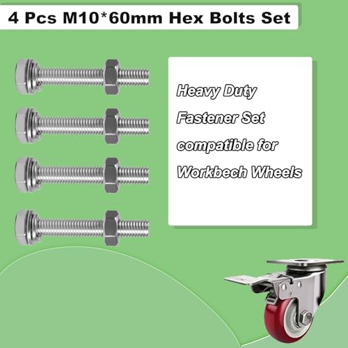 Image of M10x50mm Hex Bolts with Hexagon Nut, Flat Washers, Spring Washers | 4 Sets M10-1.5mm Hexagon Bolt for Caster Wheels Assembly Fully Thread Bolt, 304 Stainless Steel Fastener Set