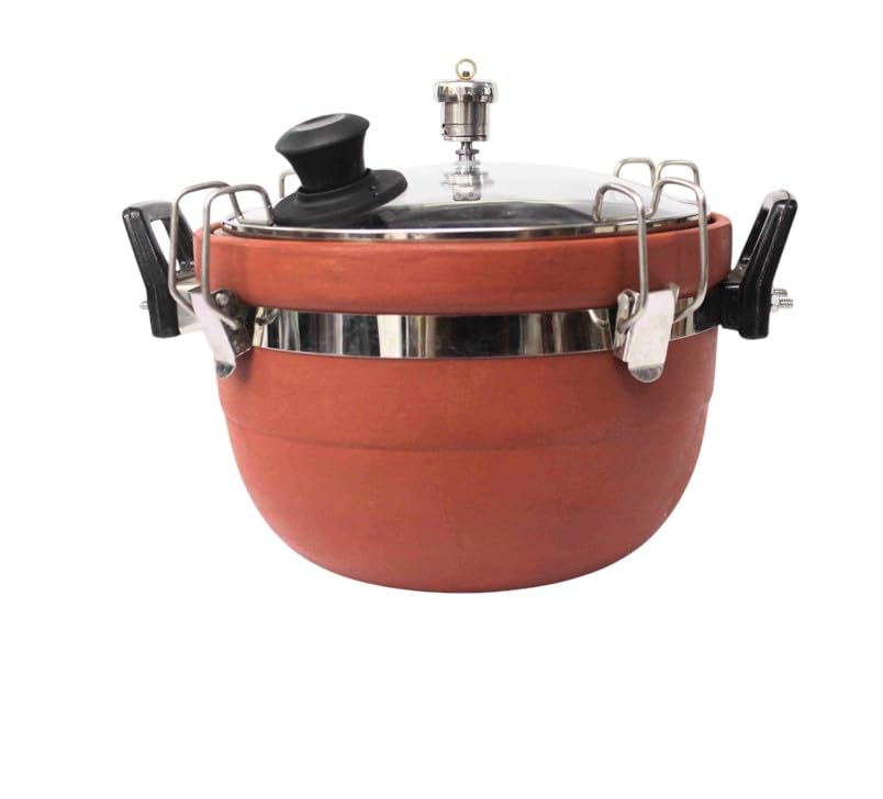 Image of Traditional Clay Pressure Cooker, Terracotta Red, 3 Litre Capacity with Stainless Steel Locking Ring and Whistle, Natural Earthenware for Family Cooking, 23x19x15 cm
