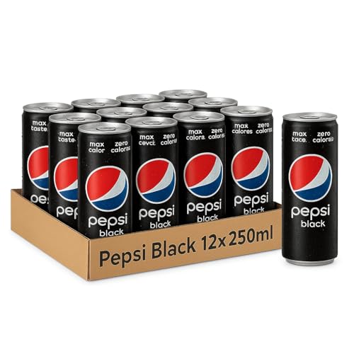 Pepsi Black Soft Drink – Zero Sugar Cola Beverage (Pack of 12) 250ml Cans By COUGAR | Bold Flavour Carbonated Drink | Slim Can Format for Easy Storage & Travel | Suitable for Parties, Meals, Refreshment & Sharing | (Imported)