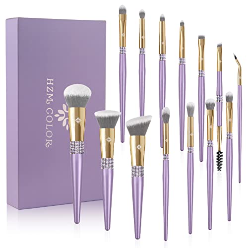 HZM COLOR Makeup Brushes 14Pcs Purple Bling Makeup Brush Set Soft Synthetic Brochas De Maquillaje Kabuki Powder Blush Contour Foundation Concealer Eye Shadow Brushes Face Make Up Tools Kit