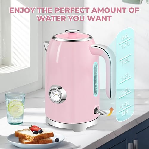 Image of SUSTEAS Electric Kettle - 57oz Hot Tea Water Boiler with Thermometer, 1500W Fast Heating Stainless Steel Pot, Cordless LED Indicator, Auto Shut-Off & Boil Dry Protection, Pink