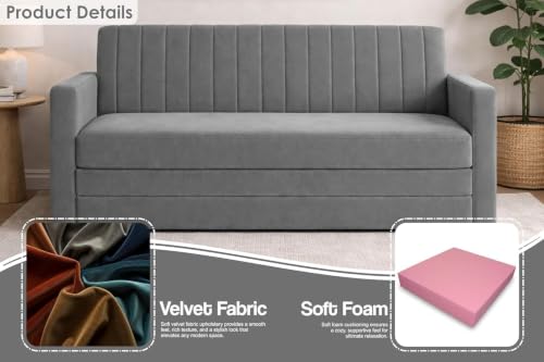 Image of Sofa-Cum-Bed | Three Seater Couch with Armrest Sofa | Modern Velvet Fabric Sofa for Living Room, Bedroom & Office Grey