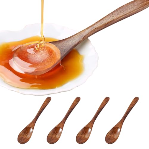 QEDBOJE 4 Pièces Petite Cuillère en Bois - Cuillère à Café, Olivier, Miel, Épice, Cuisine, Soupe (Bois Naturel)