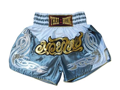 Short de Muay Thai blanc et gris XL pour entraînement intensif en salle