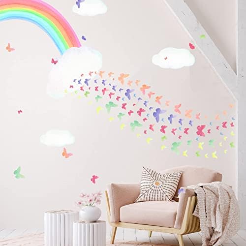 88 pcs Rainbow Butterflies Wall Stickers,Large Rainbow Wall Decals,Watercolor Butterfly Window Stickers,Removable DIY Rainbow Butterfly Cloud Art Wall for Bedroom Kinds Room Nursery Window Decoration