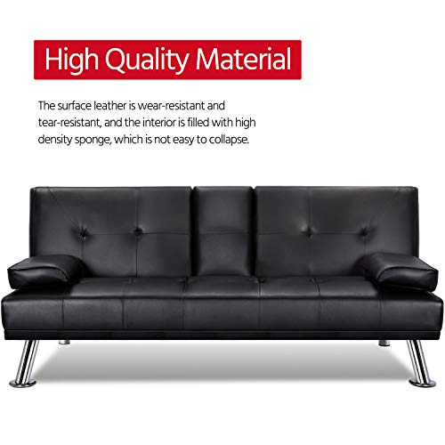 Topeakmart Living Room Futon Sofa Bed Faux Leather Sofa Couch Modern Convertible Folding Recliner With Cup Holders Living Room Furniture Sofa Black #TOP2