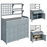 Outsunny Pflanztisch mit Unterschrank aus Holz Outdoor Gartenschrank mit verzinkter Arbeitsplatte 2 Schubladen wetterfest Gärtnertisch Geräteschrank für Garten Balkon Terrasse 104x44x140 cm Hellgrau
