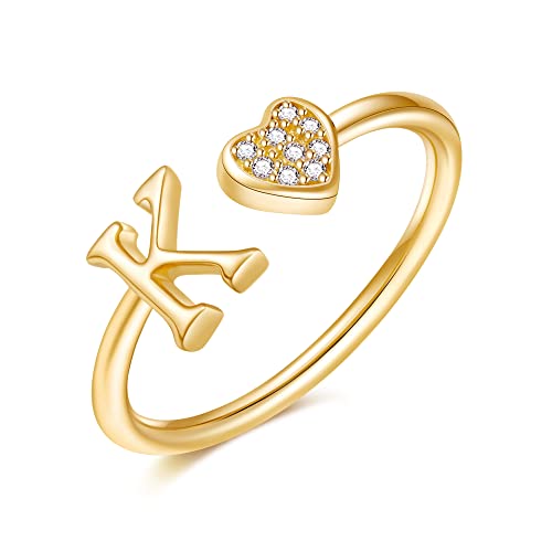 Image of Initial Rings for Teen Girls - S925 Heart Sterling Silver Rings for Teen Girls | 14K Gold /Rose Gold /Sterling Silver Plated Ring for Girls Kids Women Ring for Teenager Girls Gifts Adjustable, No Tarnish, Hypoallergenic