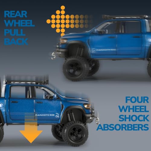 Image of RAM Mammoth Pick-Up Model Car 1:32 Exclusive Alloy Metal Pull Back Die-cast Car Die-cast Metal Pullback Toy car with Openable Doors & Light Music, Blue Six Wheel