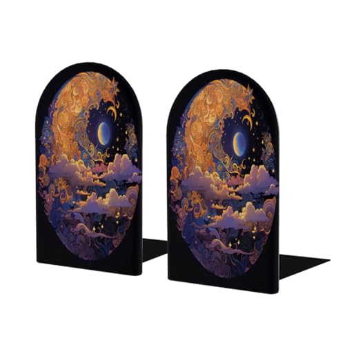 (2 PCS/1 Pairs) Wood Bookends Moon Sun Universe Decorative Wood Bookends for Shelves Kids Room Desk Home Office Book Stoppers for Holiding Books 5x3 Inch
