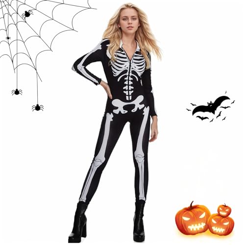 HUIKUANGEU Esqueleto Mujer Halloween,Esqueleto Mujer,Disfraz de Esqueleto,Esqueleto Adulto Mujer,Mono Esqueleto Mujer,Halloween Esqueleto,para Halloween, Carnaval, Fiestas y Cosplay