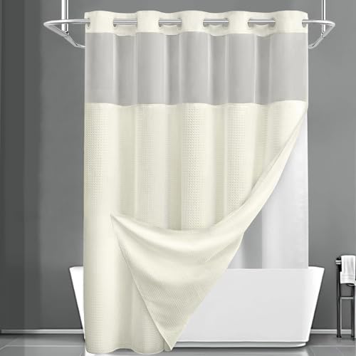 YellyHommy No Hook Shower Curtain with Snap in Liner Set Less Time Cream Waffle Shower Curtain for Bathroom 75' L x 72' W