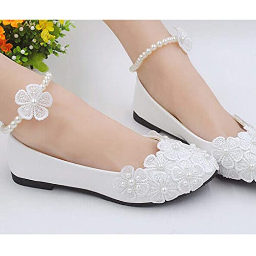 Bride Flats Shoes Lace Flowers Bridal Wedding Shoes Ankle Pearl Beads Wedding Shoes Princess Ballet Flats4