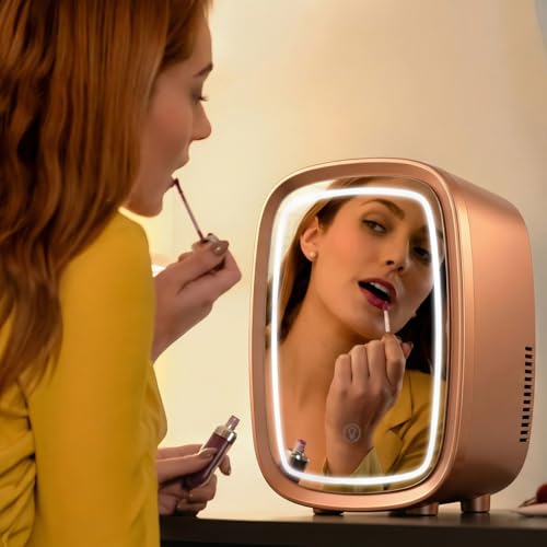 Mini Réfrigérateur Cosmétiques Rose sur Coiffeuse avec Miroir Éclairé Cecotec