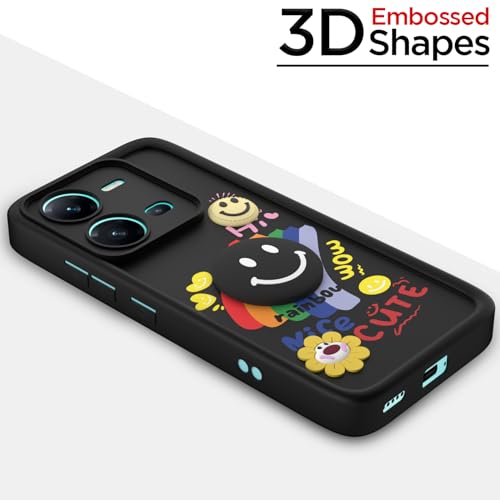 Image of Pikkme Back Cover for Vivo V25 5G | Soft Silicone| Cute Rainbow Smile & 3D Cartoon Flower Design | Shockproof Raised Camera Protection Bumper Case (Black)