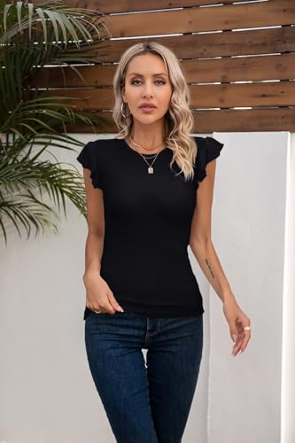 Image of VICHYIE Summer Women Ruffle Cap Sleeve Pretty Fitted Shirt | Ribbed Knit, Basic, Casual, Fashion Blouse, Solid Color