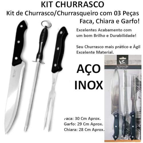 Kit Churrasco Faca Chaira Garfo Inox Cozinha Churrasqueiro 3 Peças