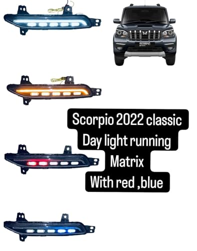 Image of DDA ENTERPRISES DRL /FRONT BUMBER Led FOG LIGHT Imported Compatible For Scorpio Classic 2022 ONWARDS Model 2Pcs With Matrix Indicator Scanning & Red And Blue Flasher IMPORTED DRL 5 FUNCTION
