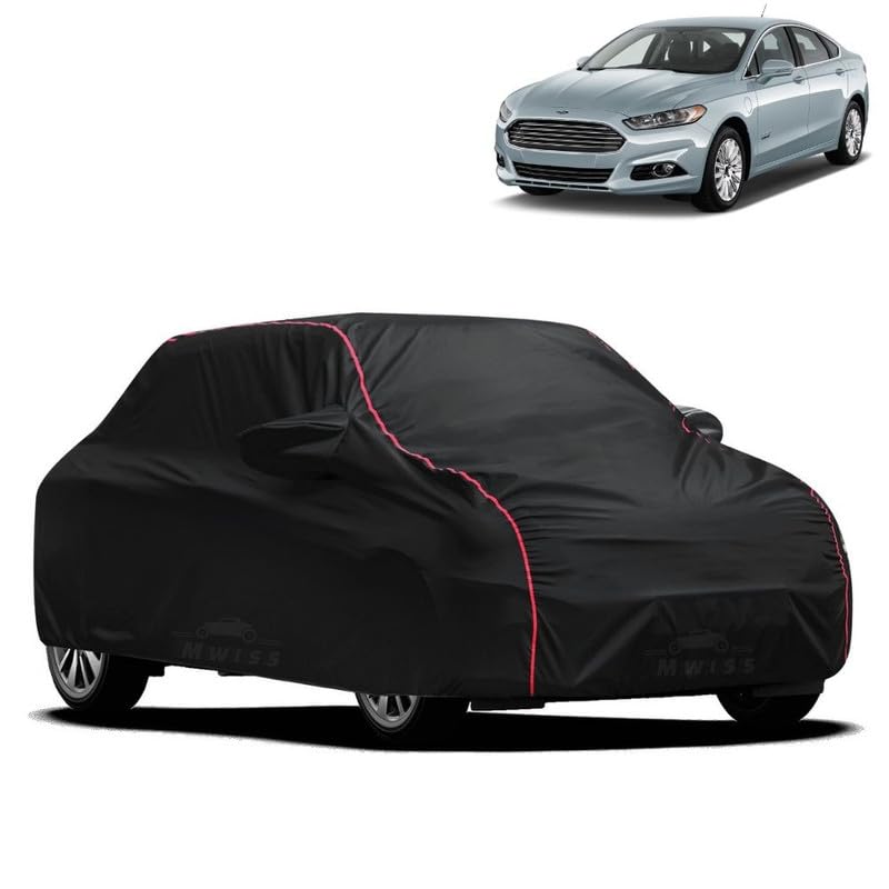 Image of Waterproof Car Cover for Ford Fusion | All-Weather Protection, Dustproof & UV Resistant | Triple Stitched Mirror Pockets, Windproof Buckle Strap with Elastic Hem, Black-Red Piping